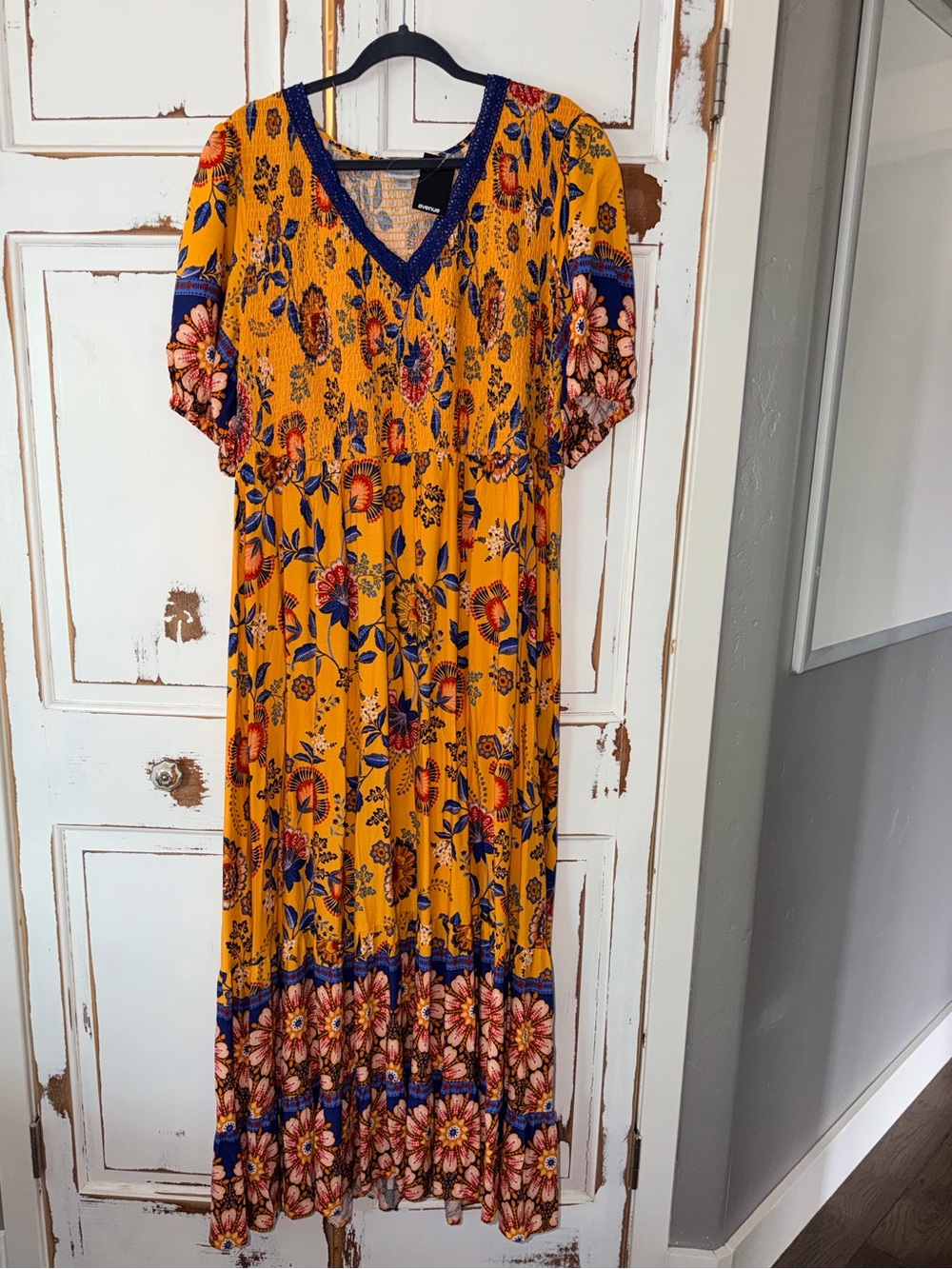 Avenue Mustard Yellow Floral V-Neck Maxi Dress with Blue Trim